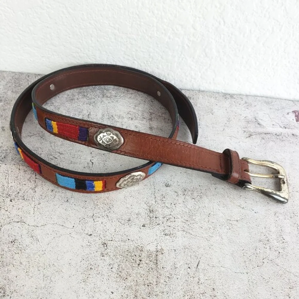 Vintage FOSSIL Leather Belt Bohemian Western Concho Embellished Embroidered sz L